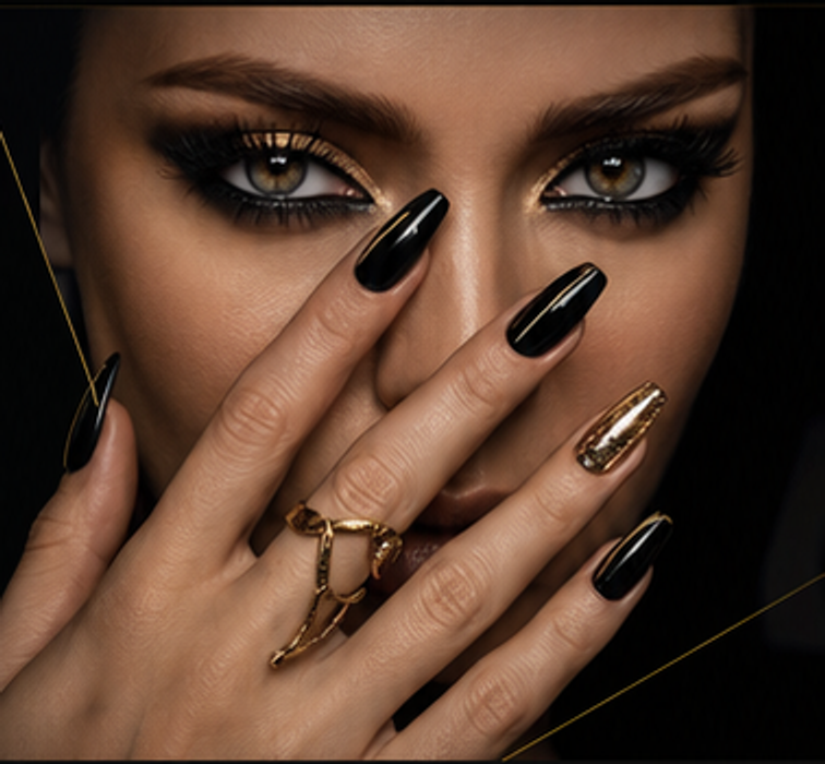 Regard glamour avec ongles noirs et détails dorés